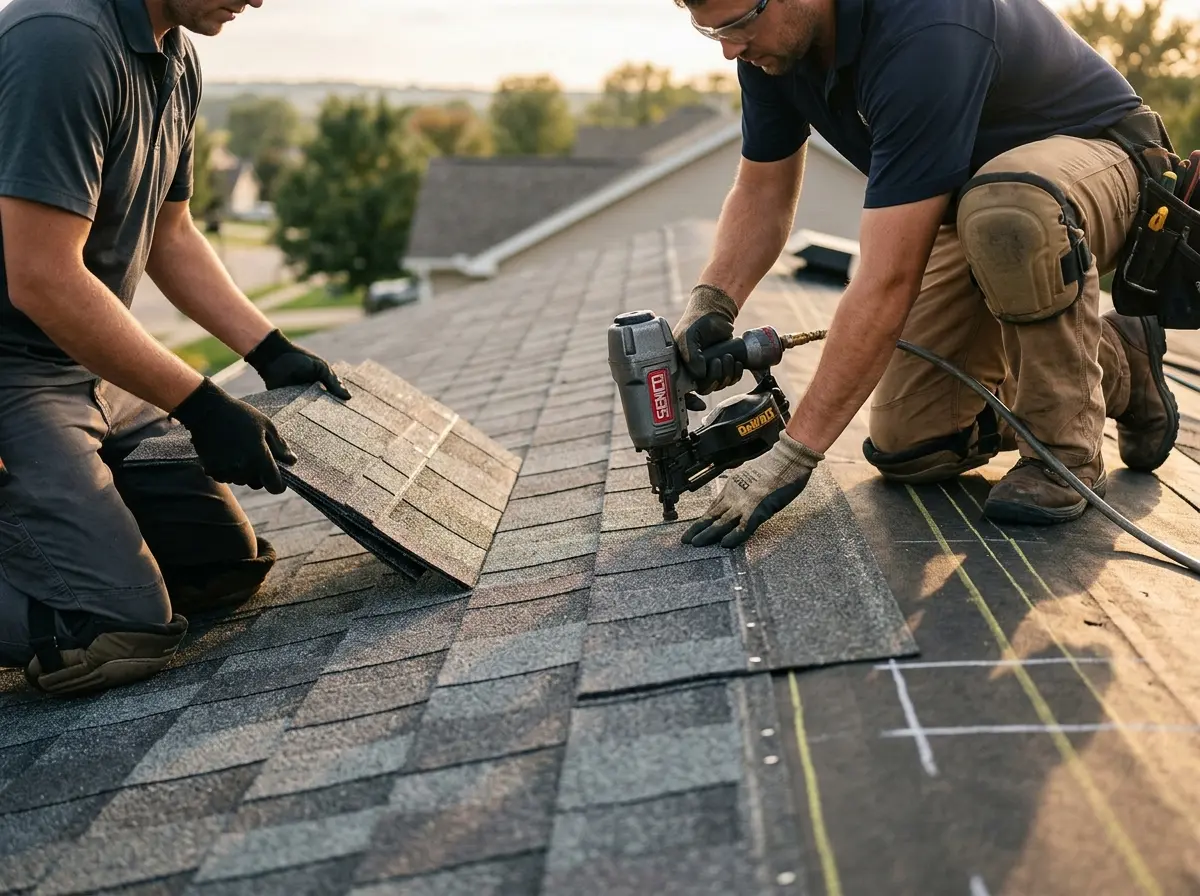 Professional roofer working on a residential roof in Maple Grove